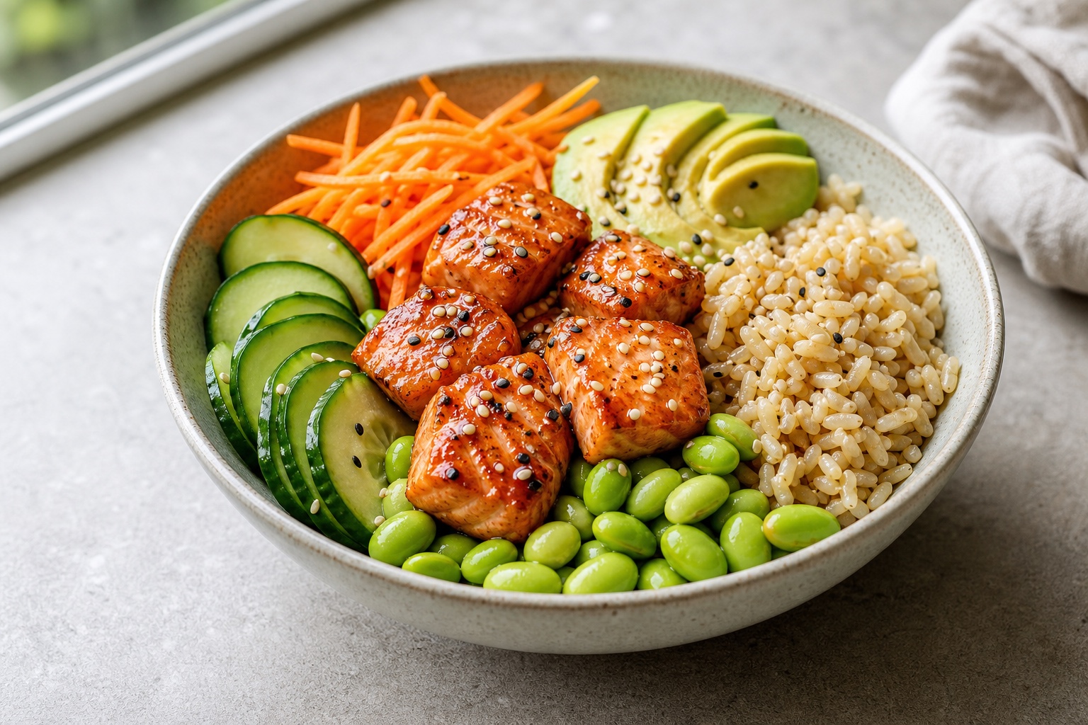Salmon edamame rice bowl